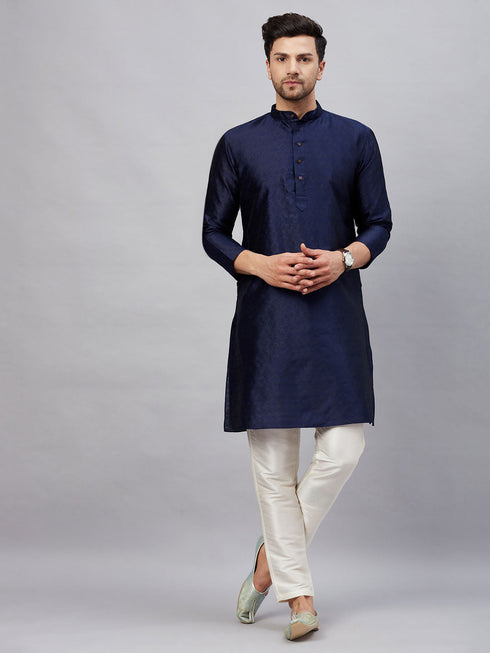 Men's Navy Blue Woven Kurta With Pant Set